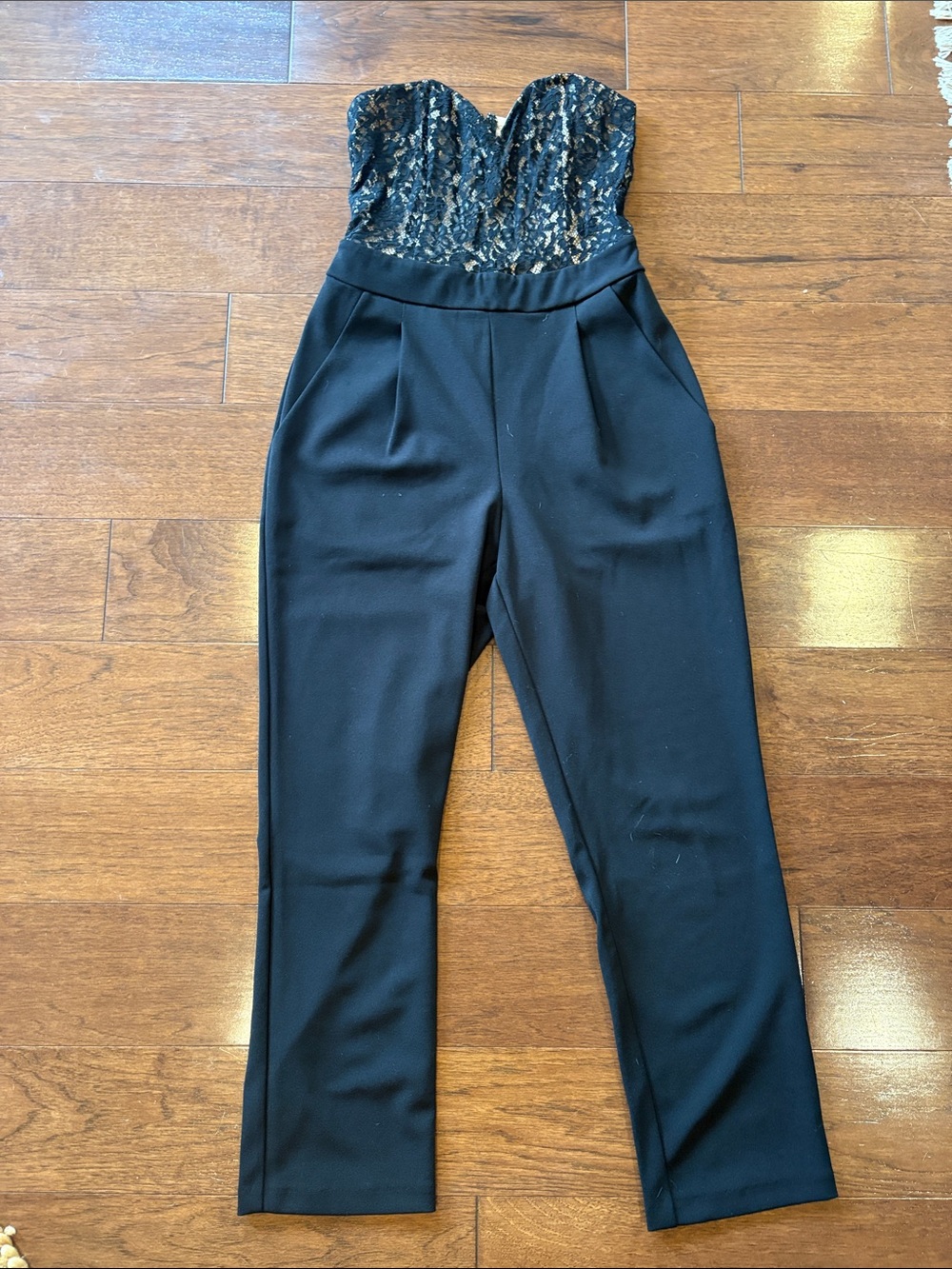 Express Black Strapless Lace Bustier Jumpsuit